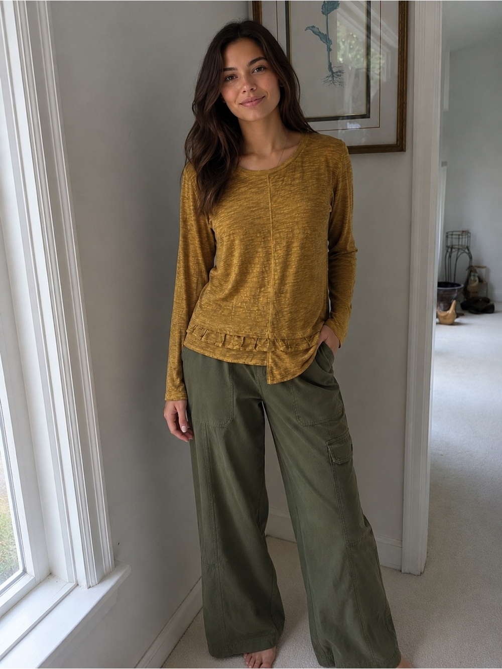 LOGO by Lori Goldstein Mustard Yellow Long-Sleeve Women's Top